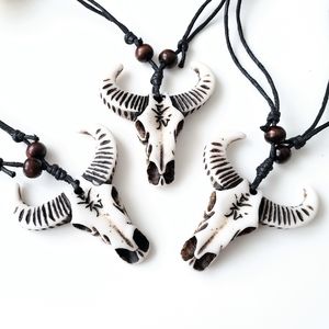 Boho resin and wood longhorn bull cattle skull necklace
